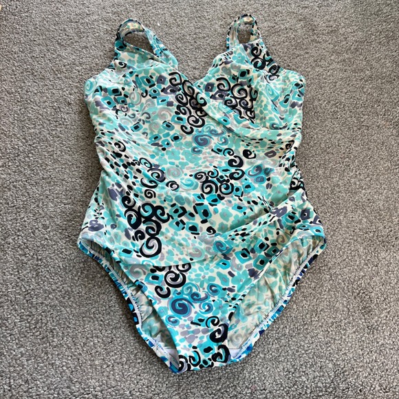 Longitude Other - Longitude One Piece Swimsuit Womens 10 Blue Teal Abstract Wrap tummy control